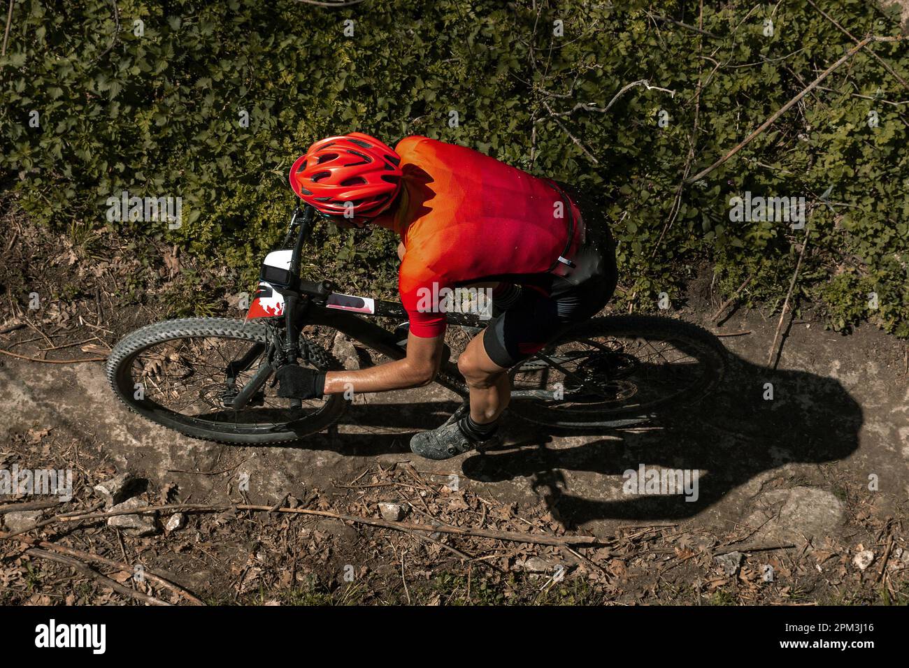 Aussichtspunkt für männliche Radfahrer, die Mountainbike auf dem Mountain Trail fahren Stockfoto