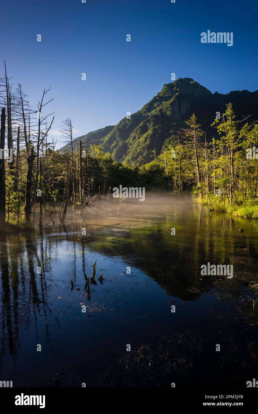 Frühmorgendlicher Nebel und Reflexionen am Myojin-Teich Kamikochi, der zu einem Gebiet mit besonderen Orten landschaftlicher Schönheit in der Präfektur Nagano, Japan, erklärt wurde. Stockfoto