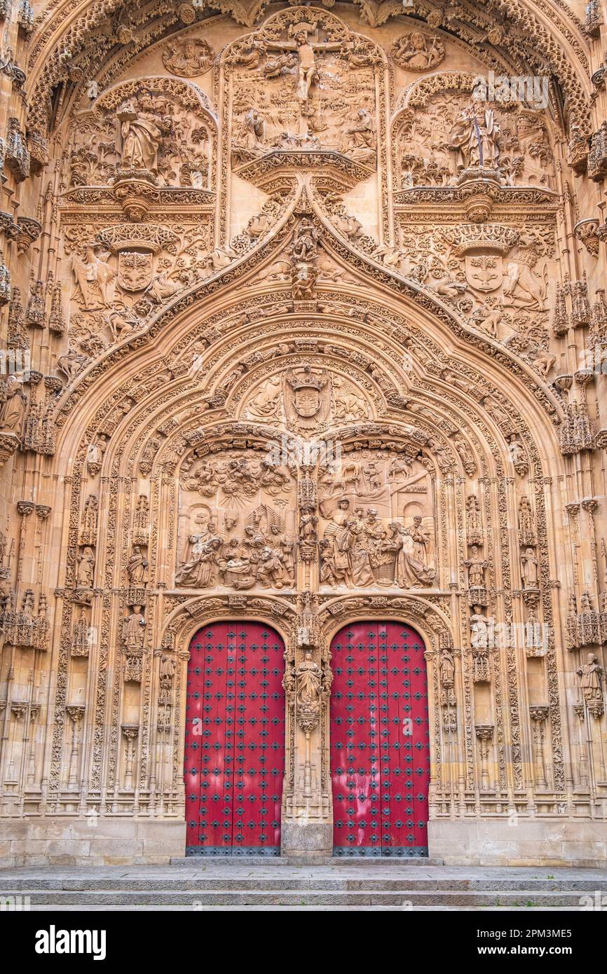 Spanien, Kastilien und León, Salamanca, Bühne auf der Via de la Plata, spanische Pilgerroute nach Santiago de Compostela, die Altstadt, die zum UNESCO-Weltkulturerbe gehört, die Neue Kathedrale, das Tympanum des Westportals, Szenen der Geburt und der Epiphanei Stockfoto