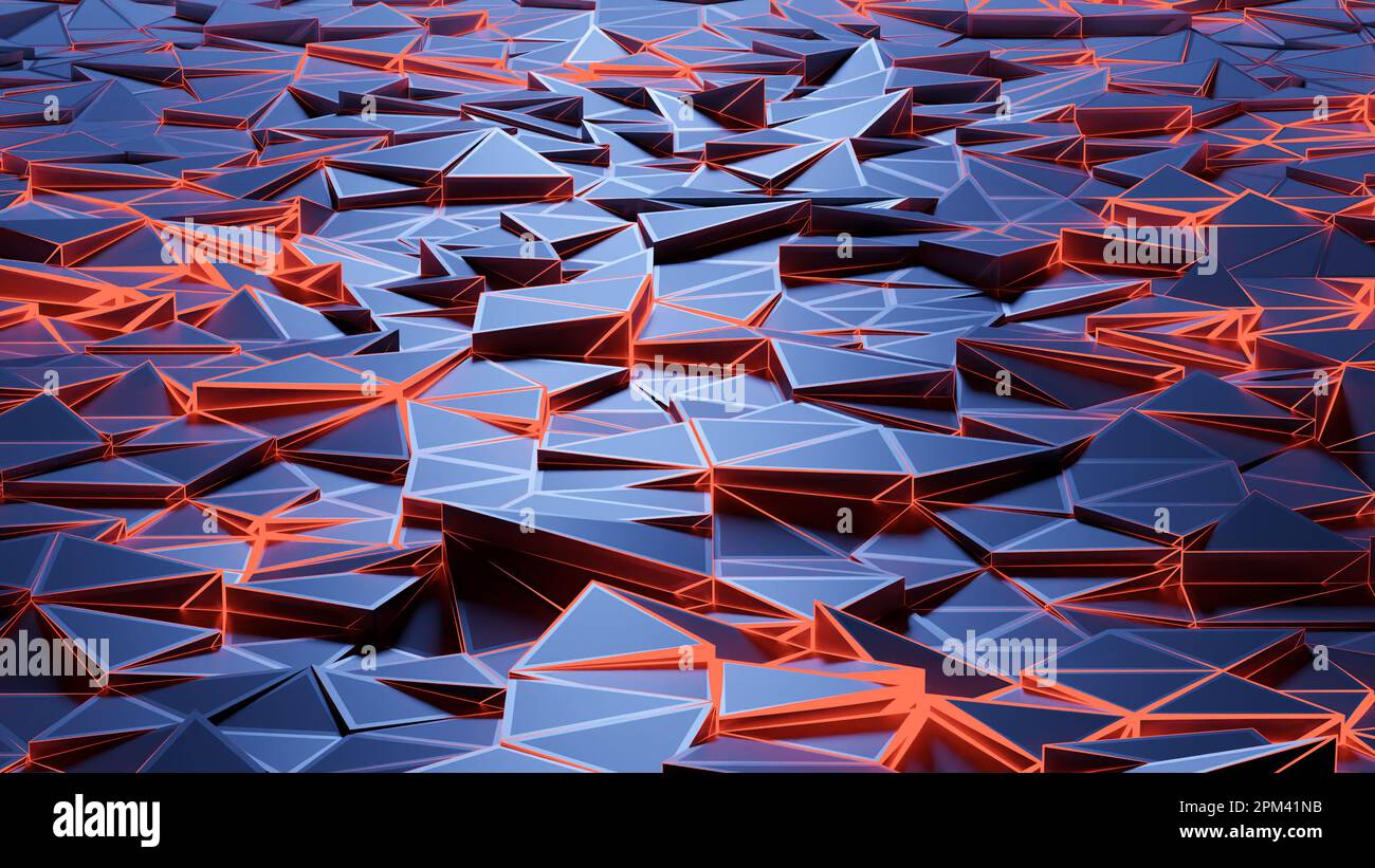 Abstrakter blau-roter leuchtender Hintergrund mit scharfen Dreiecken und Polygonen, vieleckige Tapete mit geometrischen Formen und Texturmustern, Farbe GRA Stockfoto