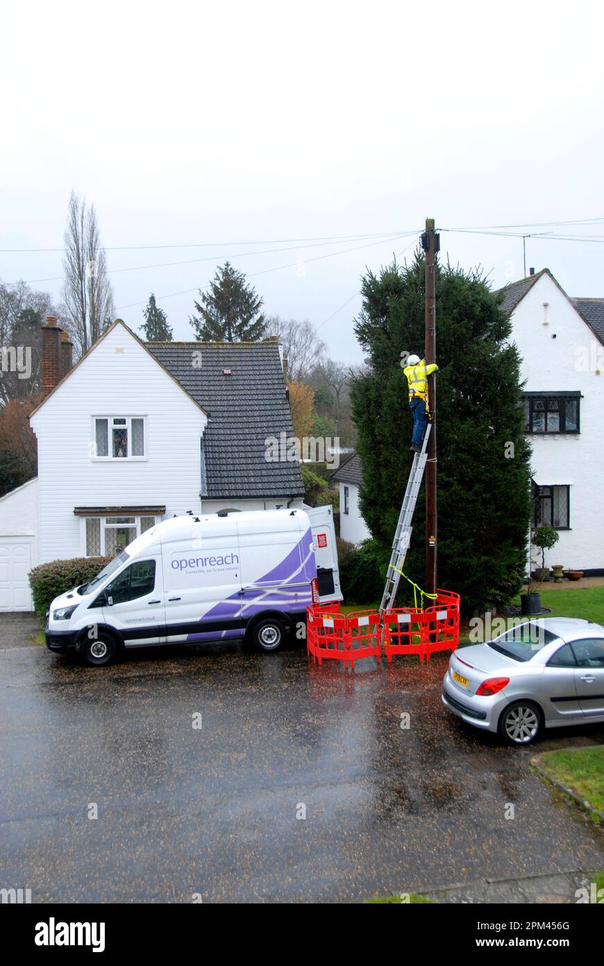Arbeiter in gut sichtbarer gelber Jacke auf der Leiter, um bei nassem Wetter auf den Telegrafenmast zuzugreifen Stockfoto