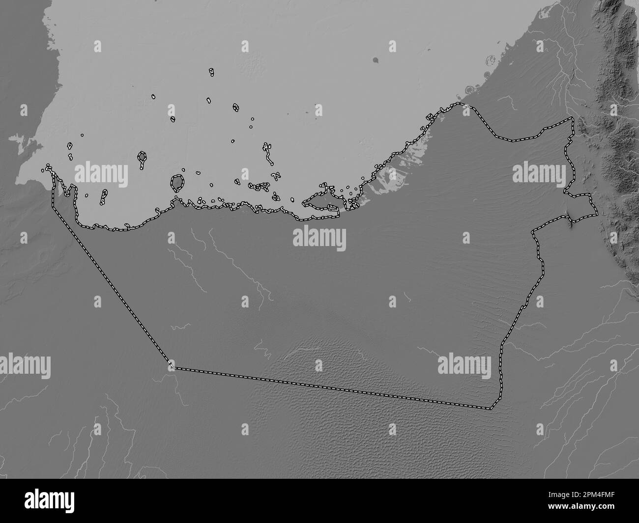 Abu Dhabi, Emirat der Vereinigten Arabischen Emirate. Bilevel-Höhenkarte mit Seen und Flüssen Stockfoto