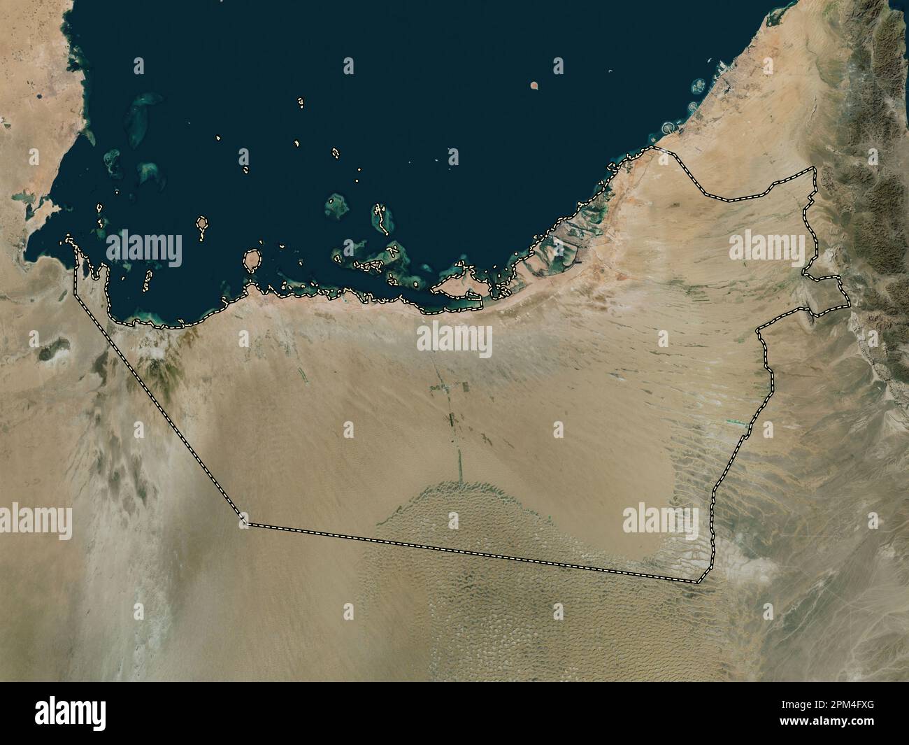 Abu Dhabi, Emirat der Vereinigten Arabischen Emirate. Hochauflösende Satellitenkarte Stockfoto