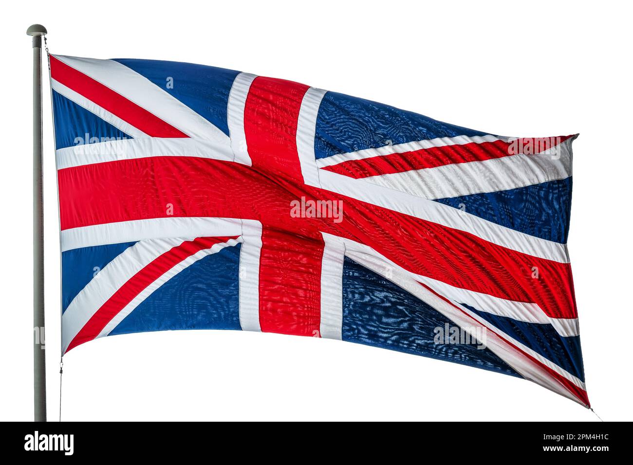 Britische Flagge auf einem Stab, der im Wind schwimmt, isoliert auf weißem Hintergrund Stockfoto
