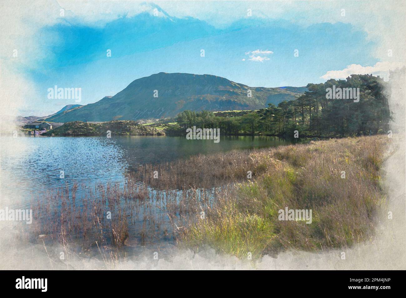 Digitale Aquarellmalerei von Penygader, Cadair Idris und Cregennan Seen im Herbst im Eryri Nationalpark, Dolgellau. Stockfoto