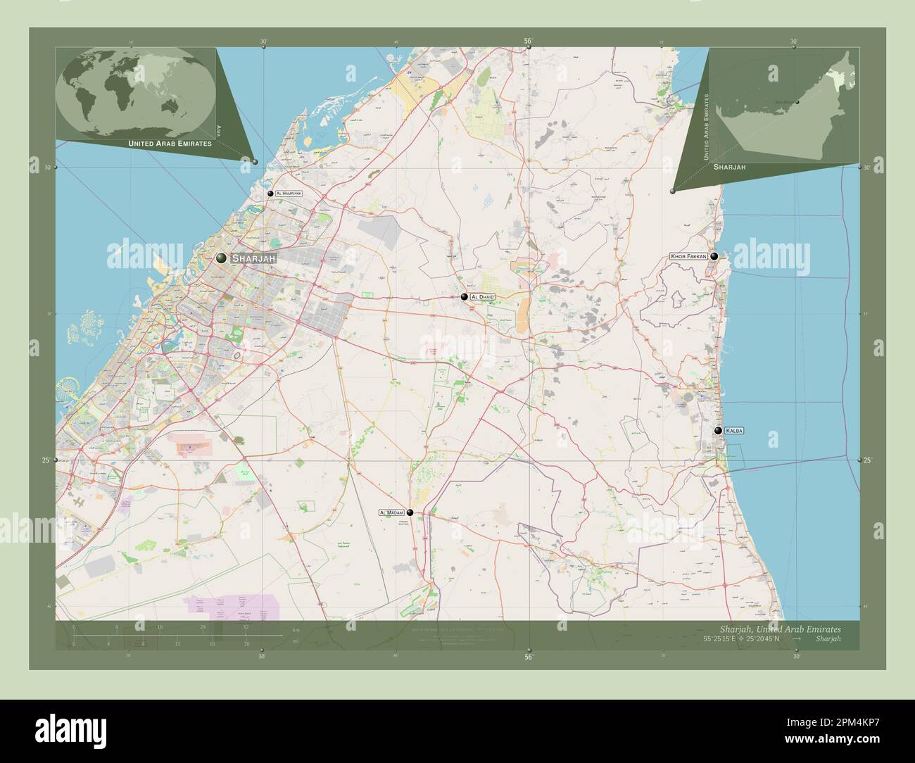 Sharjah, Emirat der Vereinigten Arabischen Emirate. Straßenkarte Öffnen. Standorte und Namen der wichtigsten Städte der Region. Eckkarten für zusätzliche Standorte Stockfoto