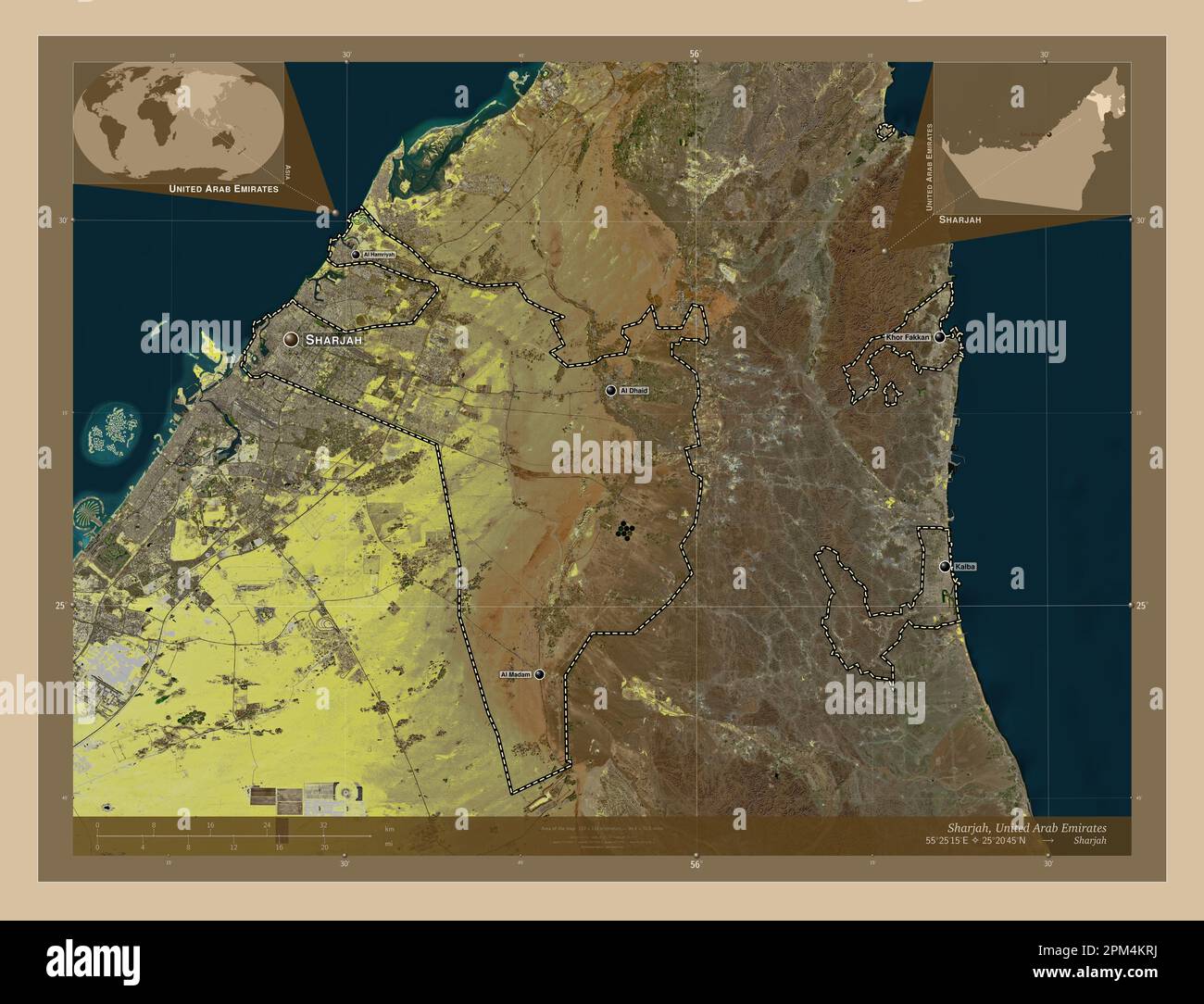 Sharjah, Emirat der Vereinigten Arabischen Emirate. Satellitenkarte mit niedriger Auflösung. Standorte und Namen der wichtigsten Städte der Region. Ecke Zusatzgerät m Stockfoto