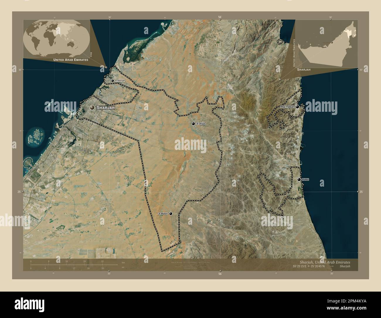 Sharjah, Emirat der Vereinigten Arabischen Emirate. Hochauflösende Satellitenkarte. Standorte und Namen der wichtigsten Städte der Region. Lage der Zusatzgeräte an der Ecke Stockfoto
