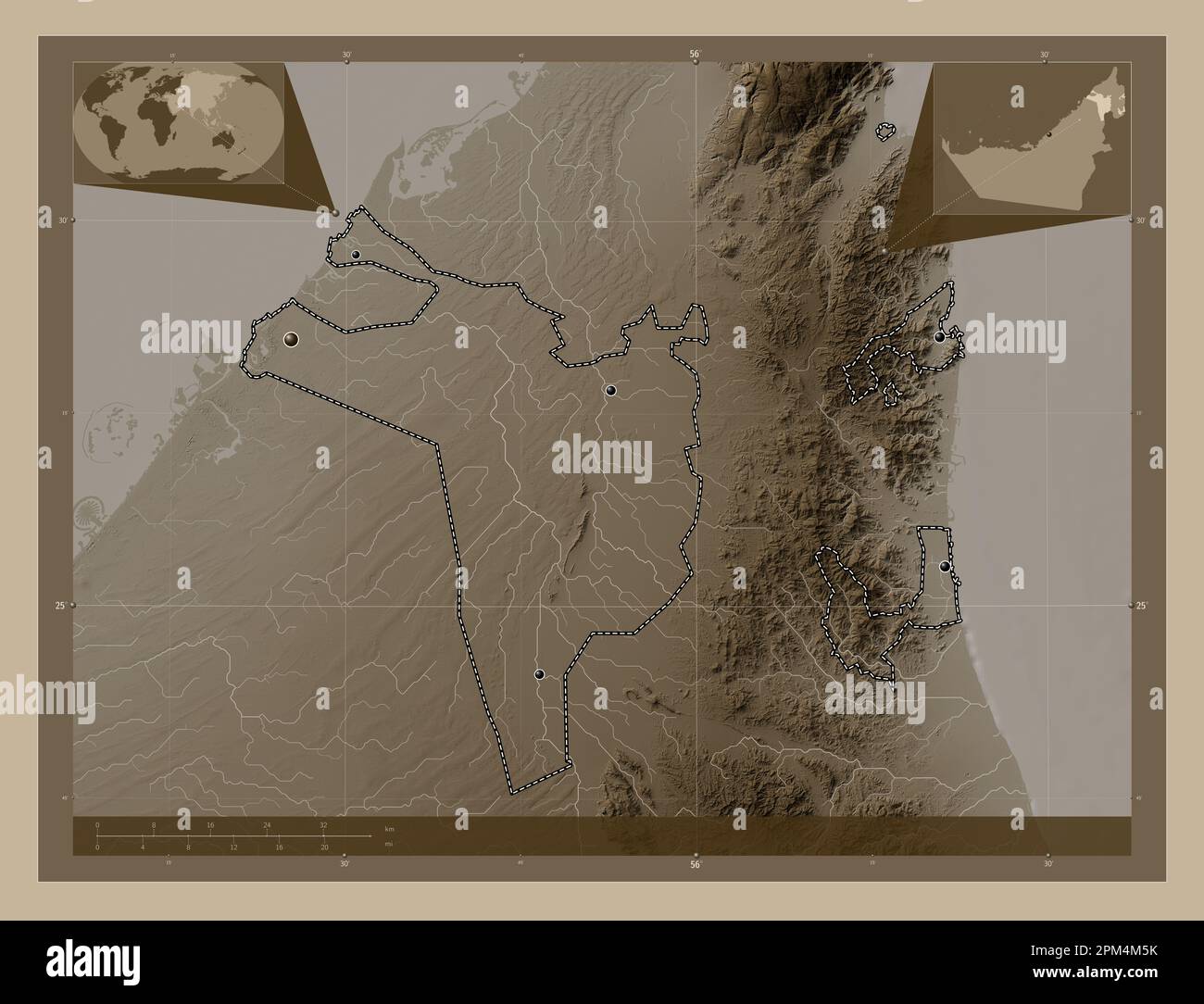 Sharjah, Emirat der Vereinigten Arabischen Emirate. Höhenplan in Sepia-Tönen mit Seen und Flüssen. Standorte der wichtigsten Städte der Region. Ecke Stockfoto
