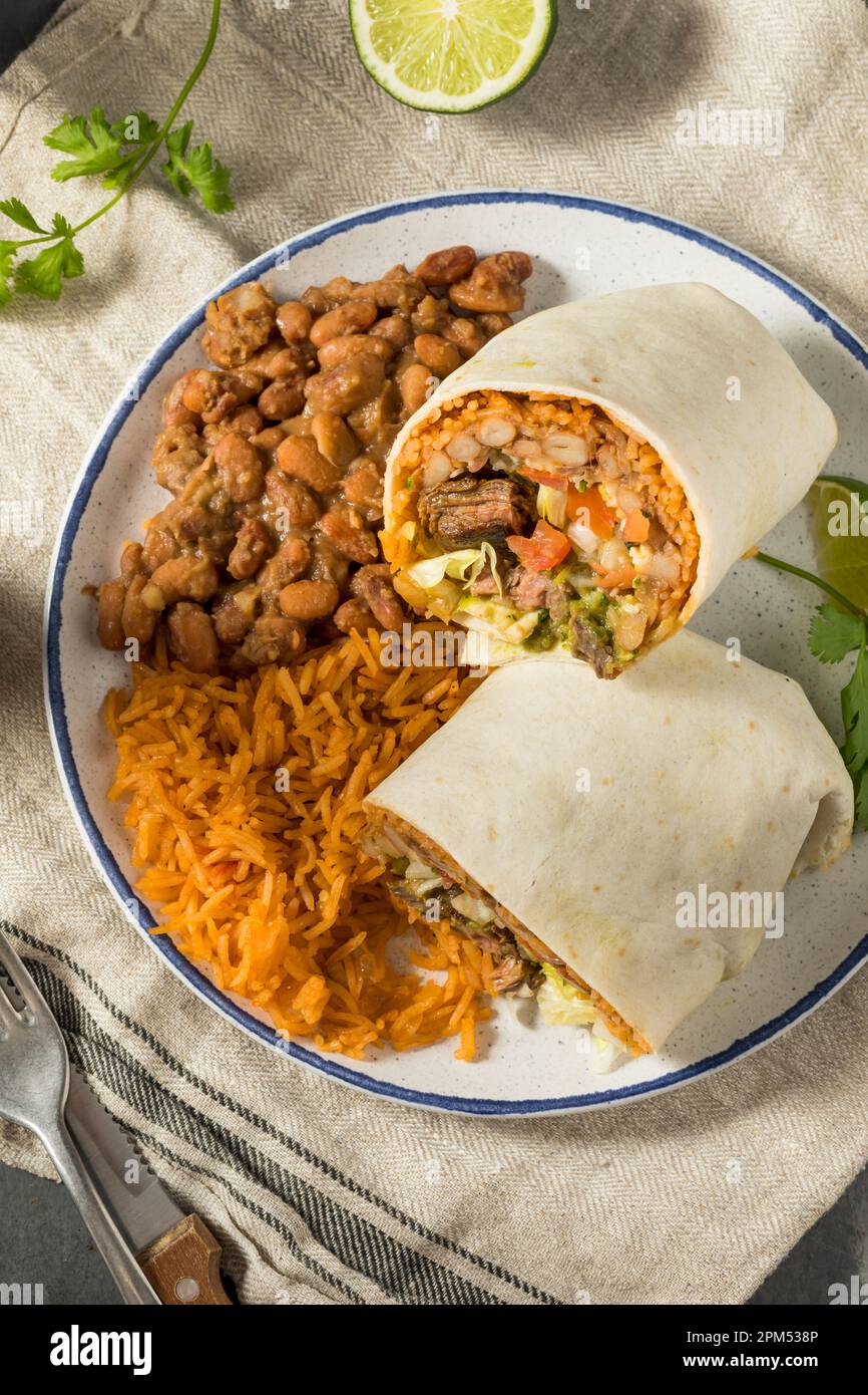 Hausgemachter mexikanischer Cheesy Steak Burrito mit Guacamole und Salsa Stockfoto