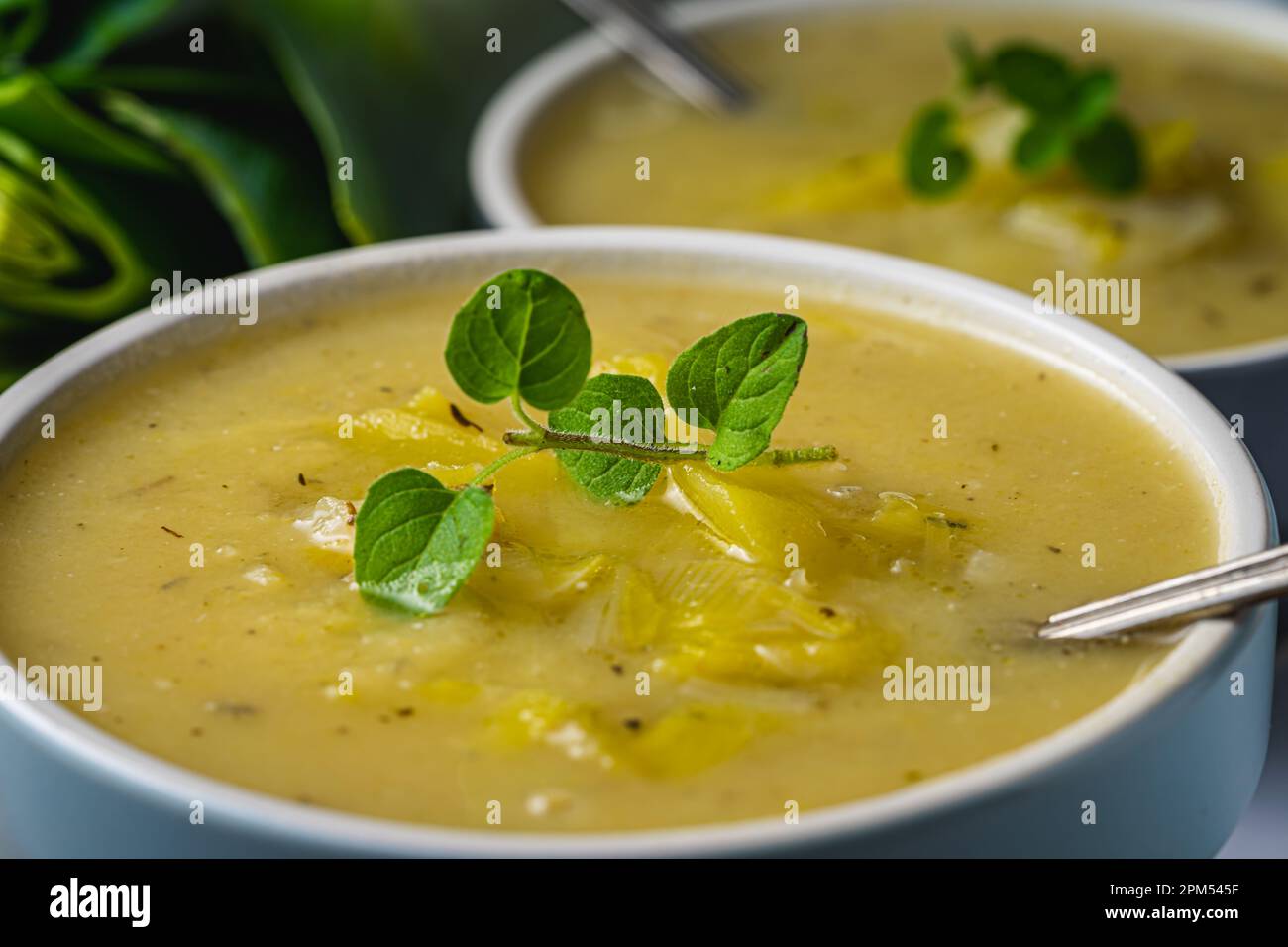 Eine Schüssel mit Lauch und Kartoffelsuppe. Oben, Nahaufnahme. Stockfoto