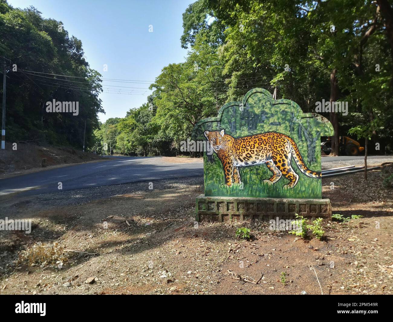 Dandeli, Karnataka, Indien 18. Mai 2019 : Ein Tiger, Panthera tigris, auf dem Schild am Karnataka Tigerreservat. Die Straße führt durch einen tiefen Wald. Stockfoto