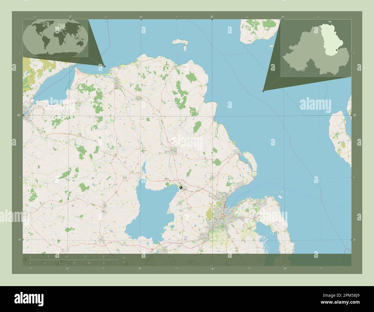 Antrim, Region Nordirland. Straßenkarte Öffnen. Eckkarten für zusätzliche Standorte Stockfoto