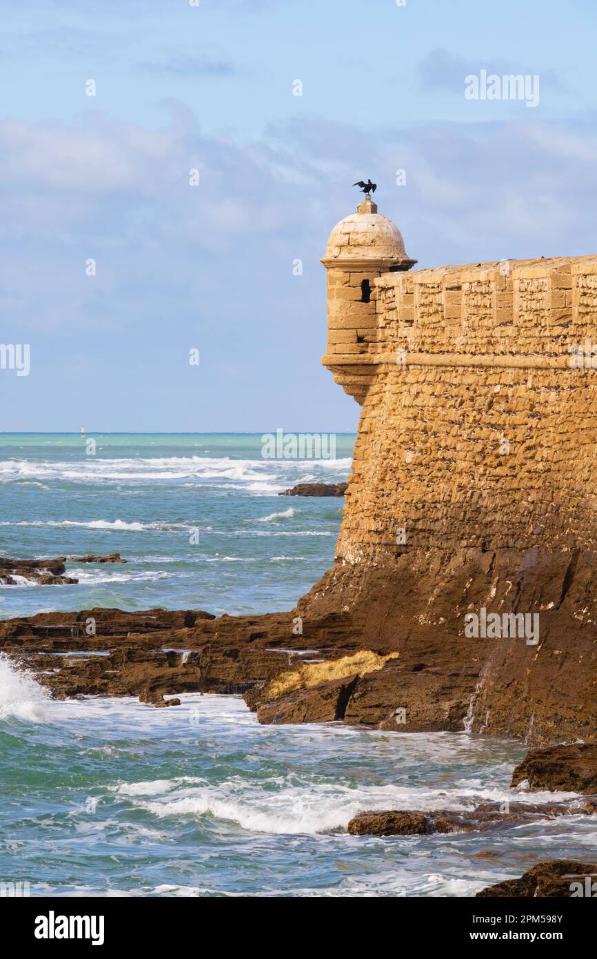 Vedette auf den Inseln Castillo de San Sebastian und Avanzada de Sta Isabel II. Fort und Leuchtturm. Cadiz, Andalusien, Spanien Stockfoto