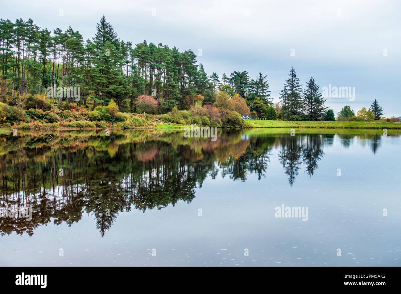 Bunte Reflexionen am Bishop's Glen Reservoir in der Nähe von Dunoon auf der Firth of Clyde, Halbinsel Cowal, Argyle und Bute, Schottland, Vereinigtes Königreich Stockfoto