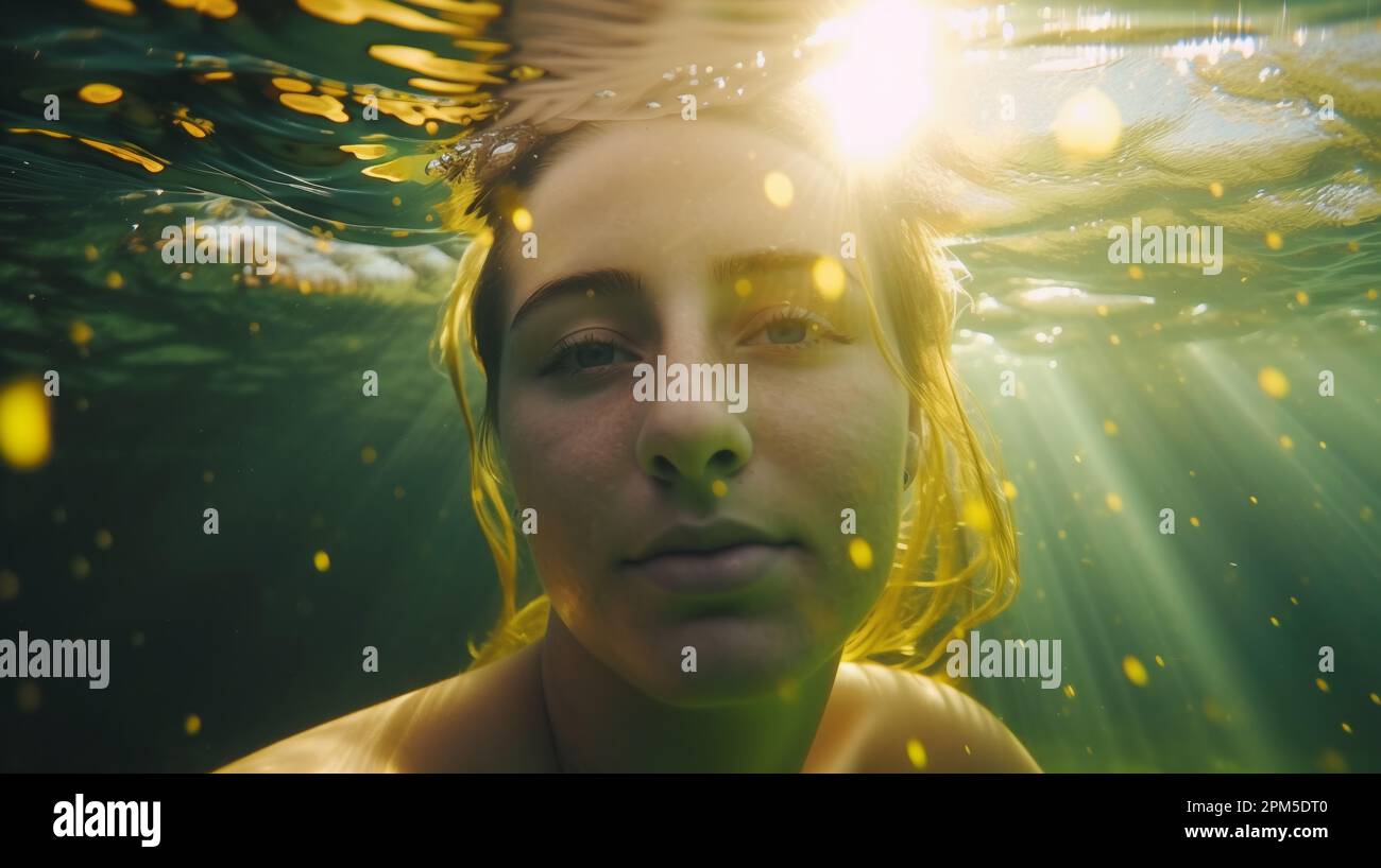 Porträt einer jungen Frau unter Wasser Stockfoto