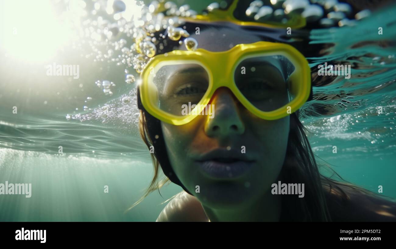 Junge Erwachsene Frau unter Wasser mit gelber Taucherbrille Stockfoto