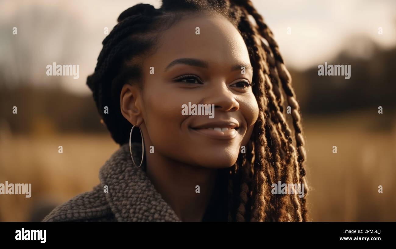 Porträt einer wunderschönen jungen Afro-Frau mit afrikanischen Zöpfen auf Haaren Stockfoto
