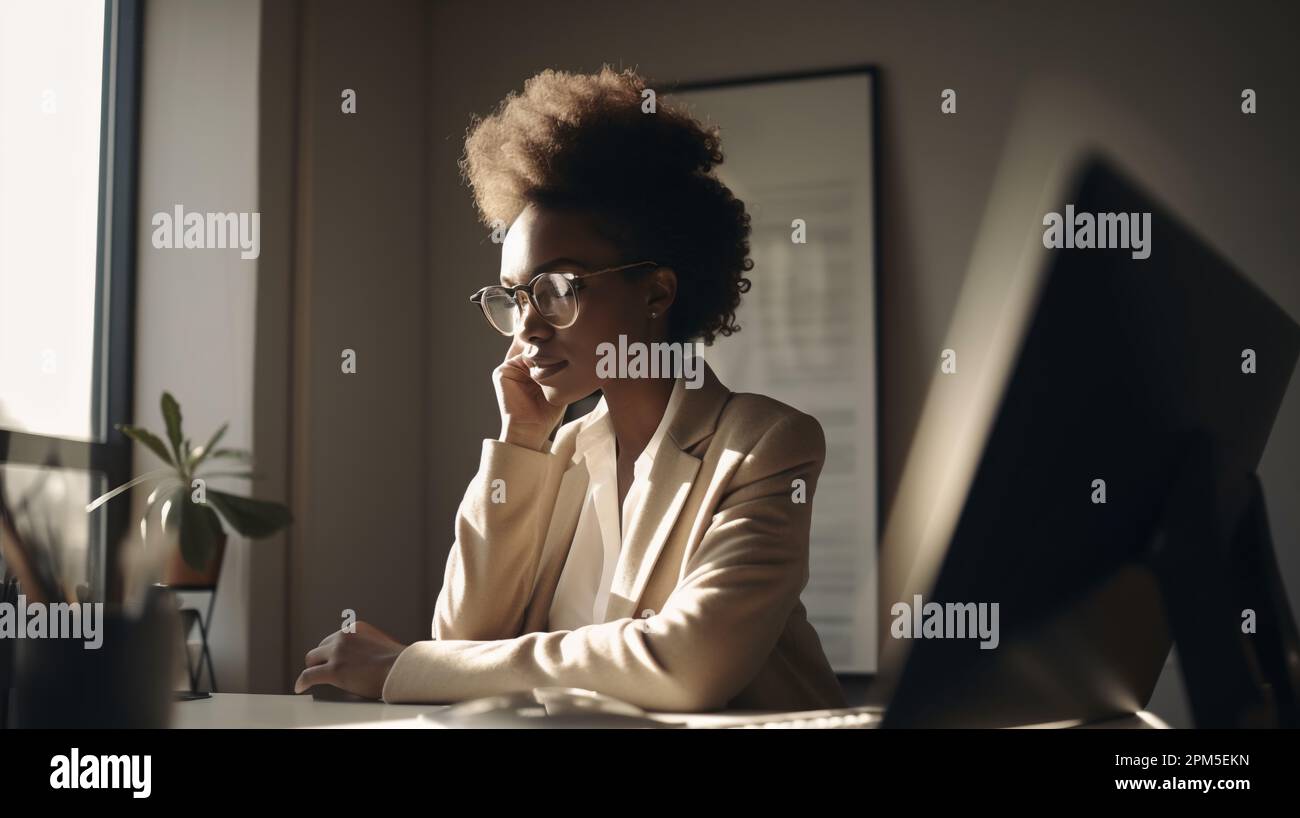 Afro-Unternehmerin auf dem Handy vom Büro zu Hause aus Stockfoto