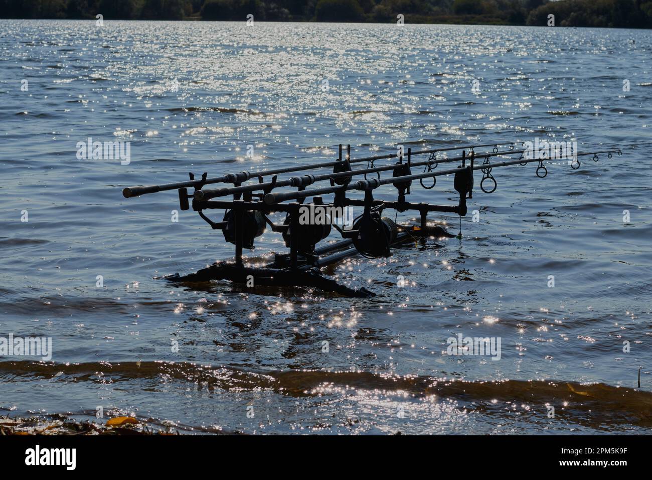 Set von Angelruten auf einer Angelkapsel mit Bissanlagen und Angelrollen am Seeufer. Stockfoto