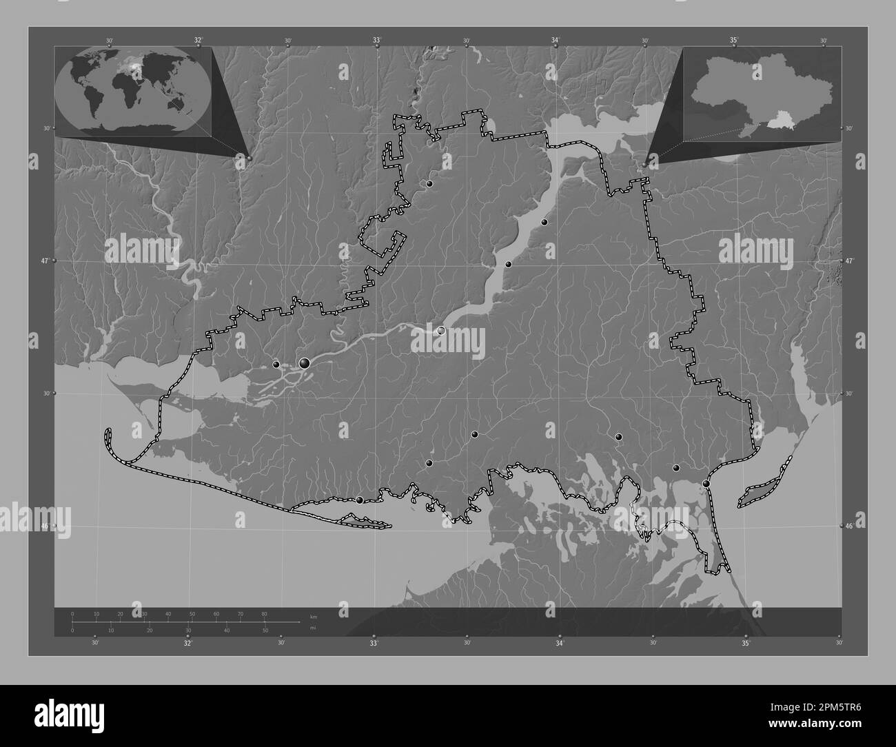 Kherson, Region der Ukraine. Bilevel-Höhenkarte mit Seen und Flüssen. Standorte der wichtigsten Städte der Region. Eckkarten für zusätzliche Standorte Stockfoto