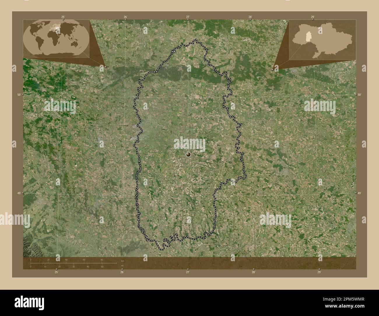 Khmel'nyts'kyy, Region der Ukraine. Satellitenkarte mit niedriger Auflösung. Eckkarten für zusätzliche Standorte Stockfoto