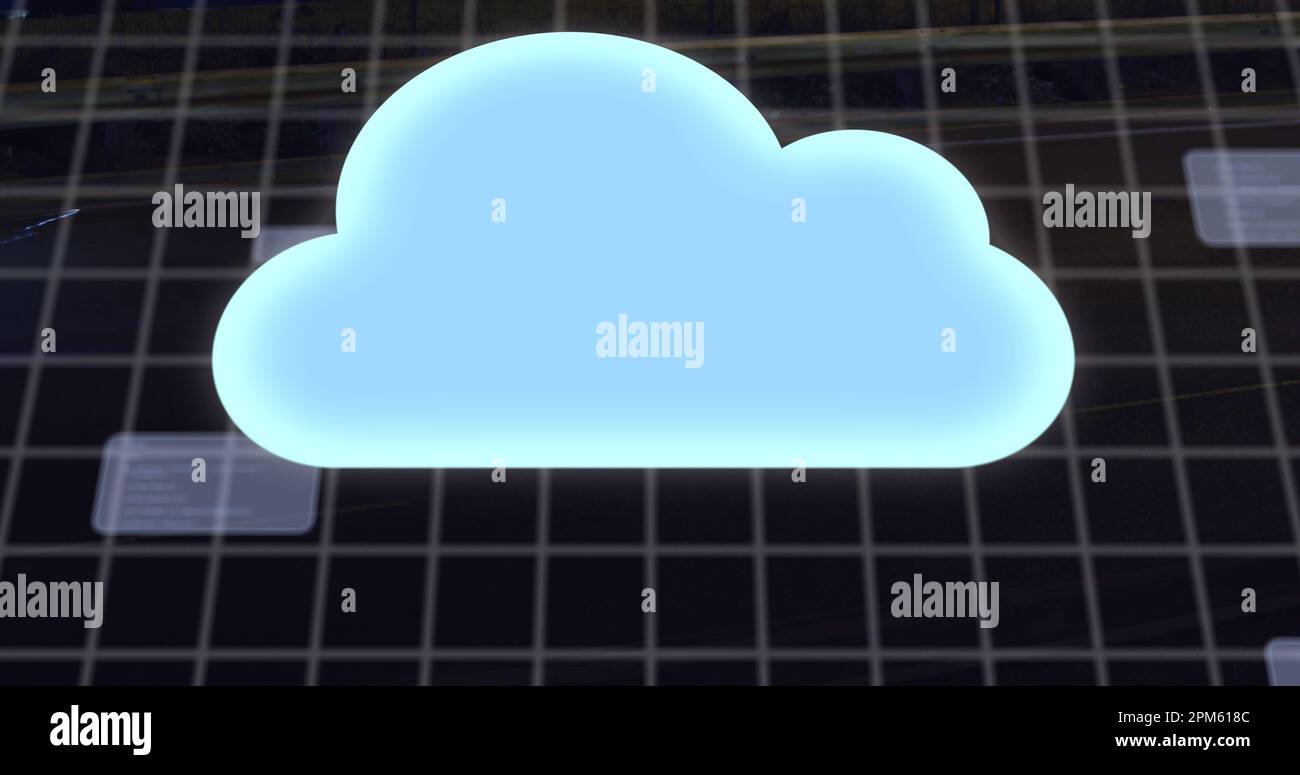 Bild der Cloud, Netzwerk von Globus auf dem Bildschirm Symbole mit binärer Codierung über Raster Stockfoto