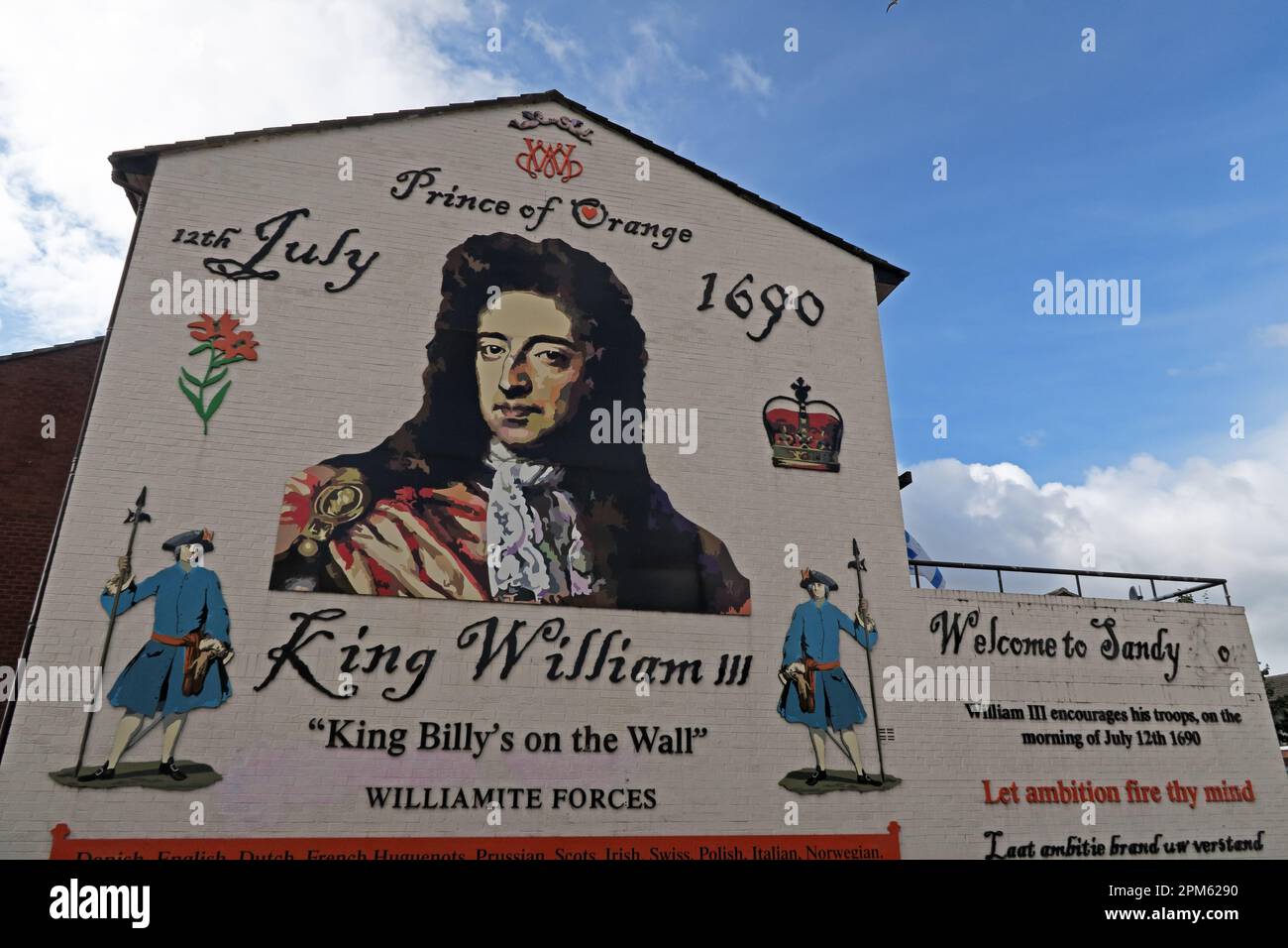 Wandbild des Prinzen von Orange, König William III., 12. Juli 1690, König Billys an der Wand, Williamite Forces, in Sandy Row, Belfast, NI, BT12 5EY Stockfoto
