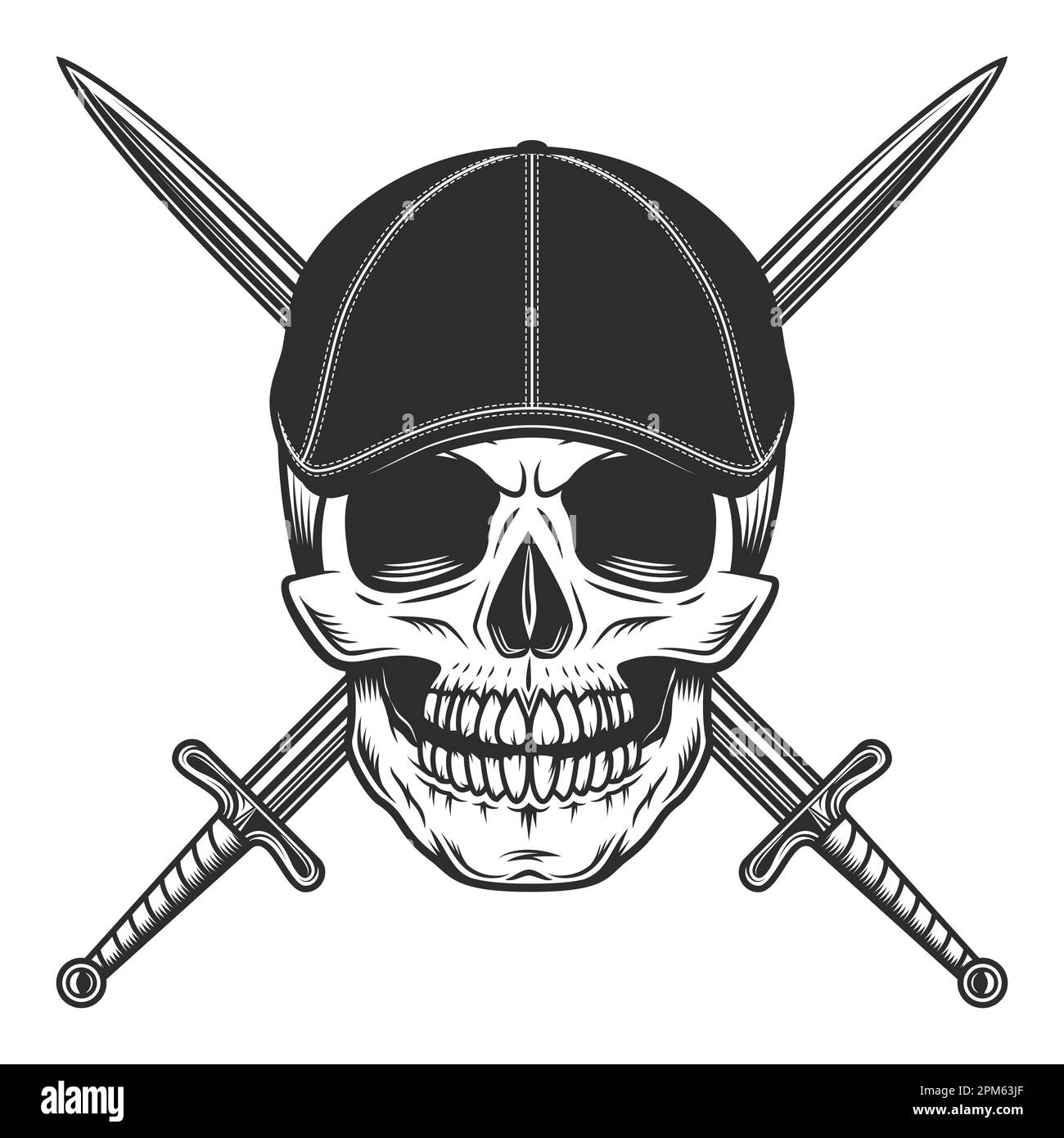 Schädel im Gangster gatsby Tweed hat flache Mütze mit scharfem Ritterschwert Vintage-Vektordarstellung Stockfoto