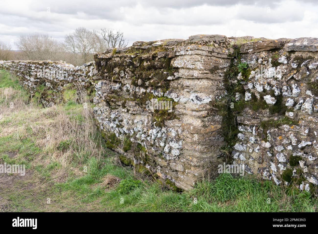 Ruine der römischen Stadtmauer aus Feuerstein und Stein mit Kalkmörtel in Silchester, Hampshire, Großbritannien Stockfoto