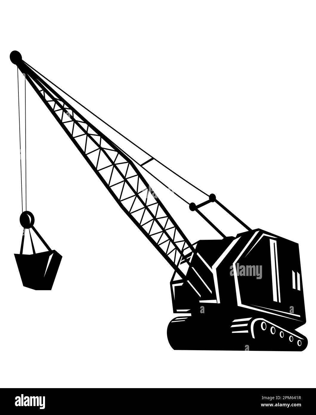 Darstellung eines Bergbaukrans oder Bergbauaufzugs mit Ausleger von der Seite des niedrigen Winkels auf isoliertem Hintergrund in schwarz-weiß Holzschnitt im Retro-Stil Stockfoto