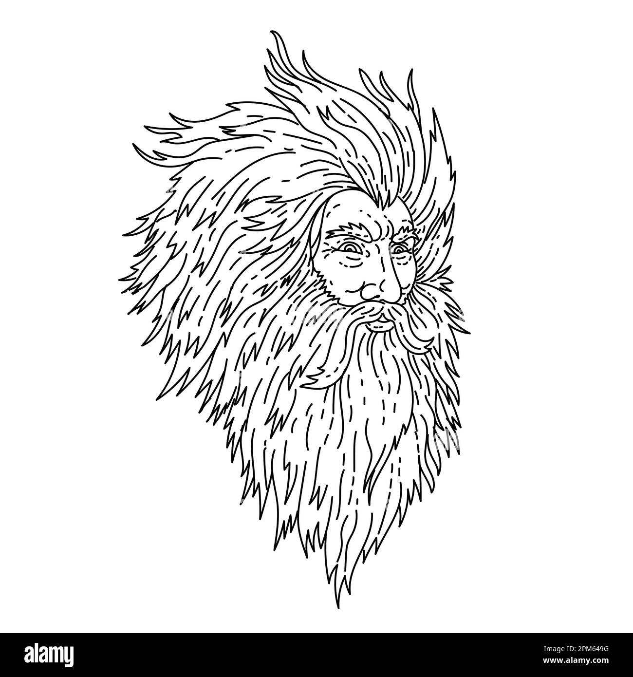 Einzeilige Darstellung des Kopfes des wütenden griechischen gottes Zeus oder des römischen gottes Jupiter mit Bart in einzeiliger Zeichenform. Stockfoto