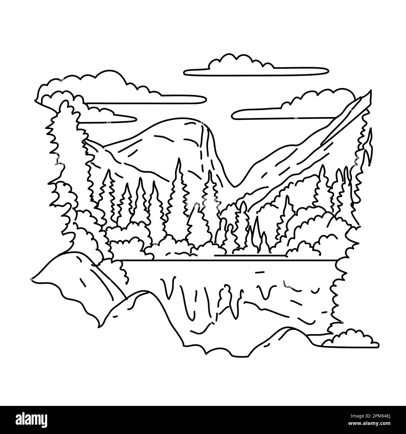 Mono-Line-Darstellung des Mirror Lake Trail im östlichen Teil des Yosemite Valley im Yosemite-Nationalpark, Kalifornien, in Schwarz-Weiß-Monol Stockfoto