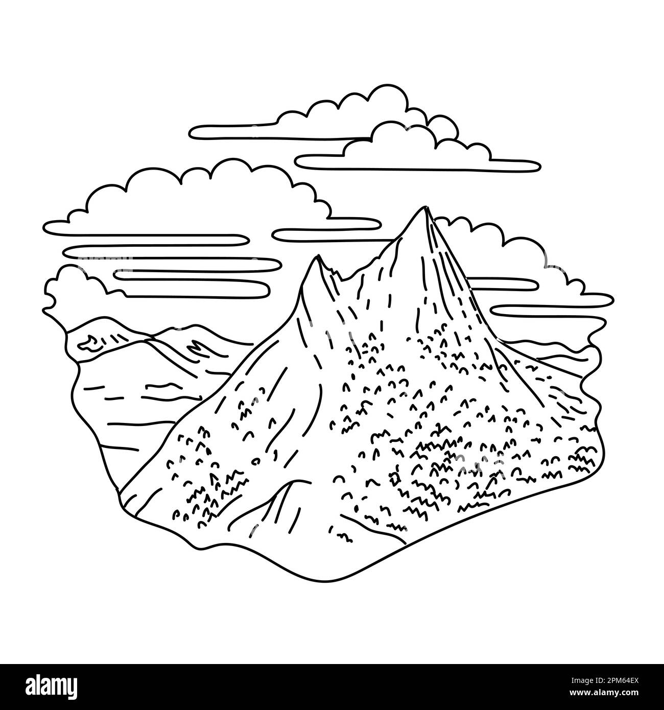 Mono-Linien-Darstellung des Mount Conness in der Sierra Nevada Range im Inyo National Forest und Yosemite National Park, Kalifornien, in schwarzer Schrift Stockfoto