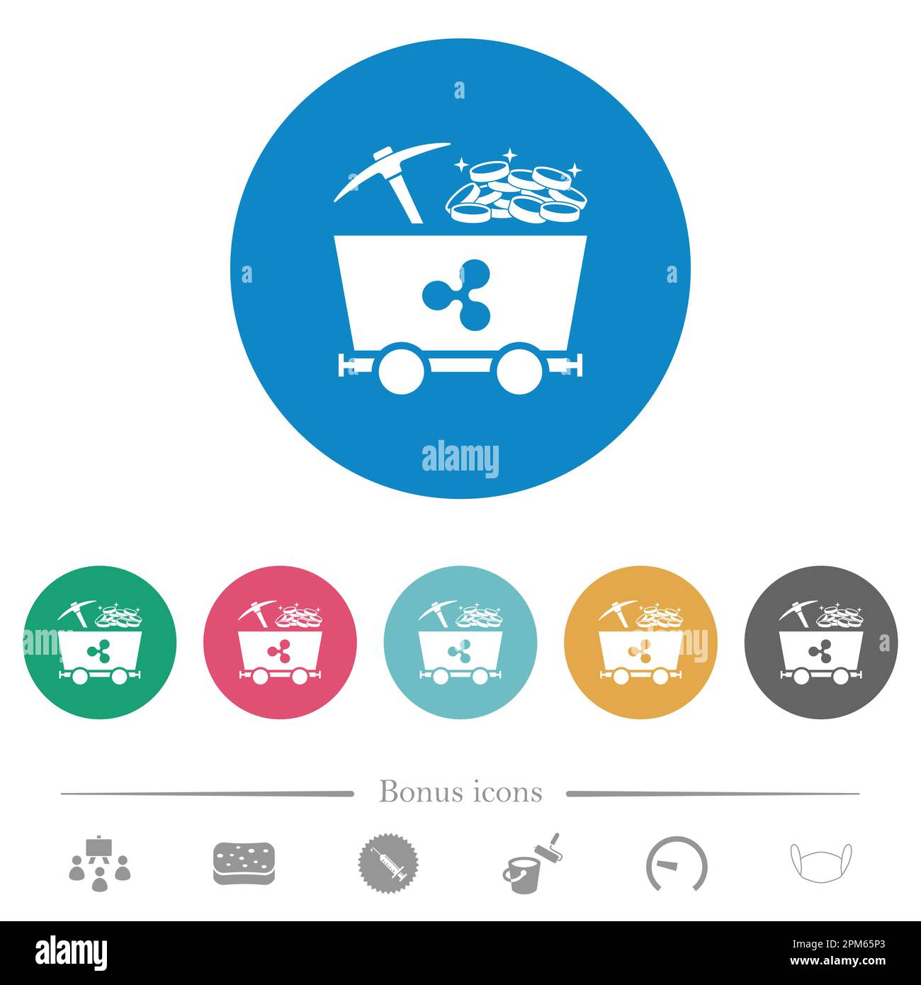 Kryptowährungs-Mining mit flachen weißen Symbolen auf rundem farbigem Hintergrund. 6 Bonussymbole enthalten. Stock Vektor
