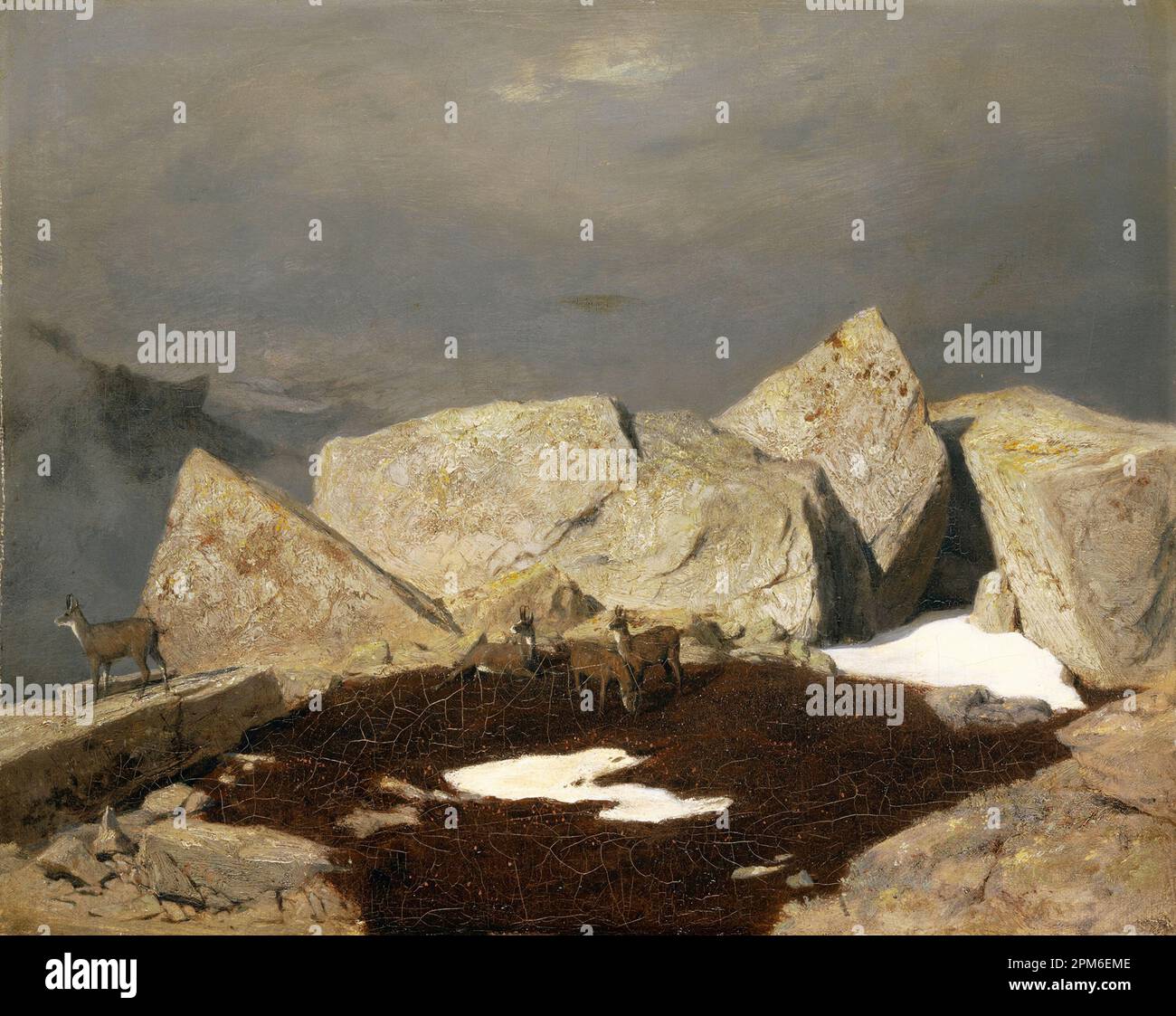 Berglandschaft mit Chamois (1849), gemalt vom Schweizer Symbolmaler Arnold Böcklin aus dem 19. Jahrhundert Stockfoto