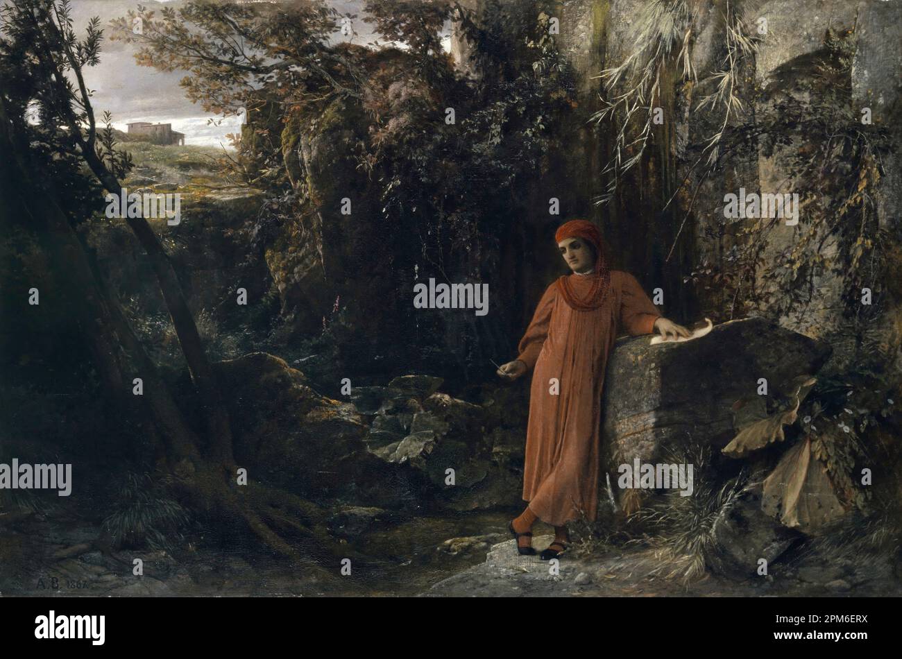 Petrarch im Frühling von Vaucluse (1867), gemalt vom Schweizer Symbolmaler Arnold Böcklin aus dem 19. Jahrhundert. Es zeigt den italienischen Dichter Petrarch in Fontaine de Vaucluse, wo er einige seiner berühmtesten Gedichte schrieb Stockfoto