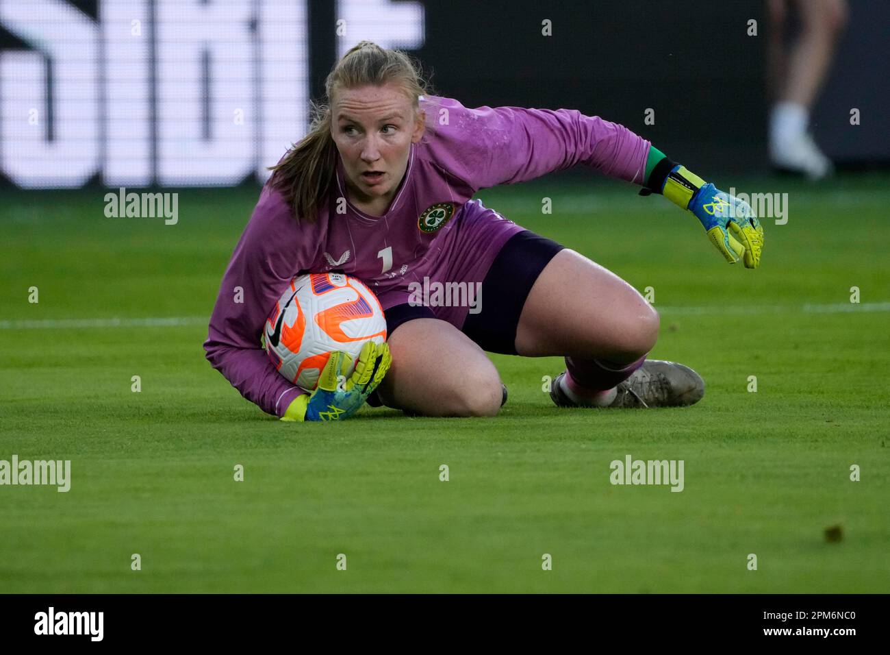 Ireland goalkeeper Courtney Brosnan holds the ball during the first