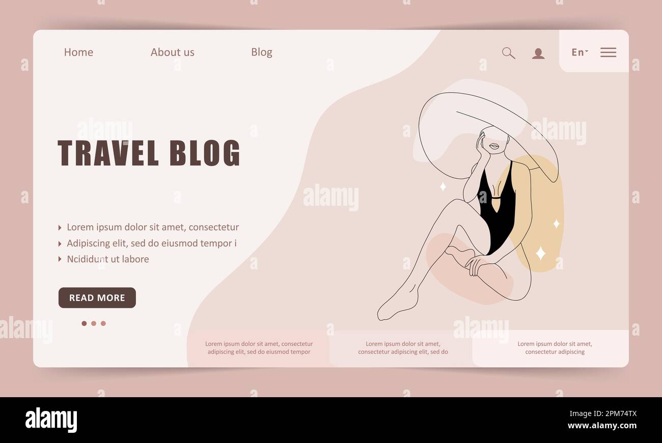 Reise-Blog. Landing-Page-Vorlage. Abstrakte, lineare Frau mit Hut. Zeitgenössische, minimalistische Reisende Frau im Einlinienstil. Vektorkontur Stock Vektor