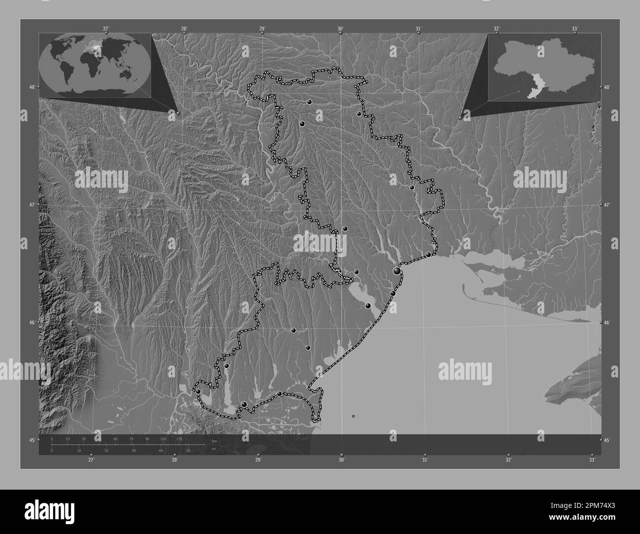 Odessa, Region der Ukraine. Bilevel-Höhenkarte mit Seen und Flüssen. Standorte der wichtigsten Städte der Region. Eckkarten für zusätzliche Standorte Stockfoto