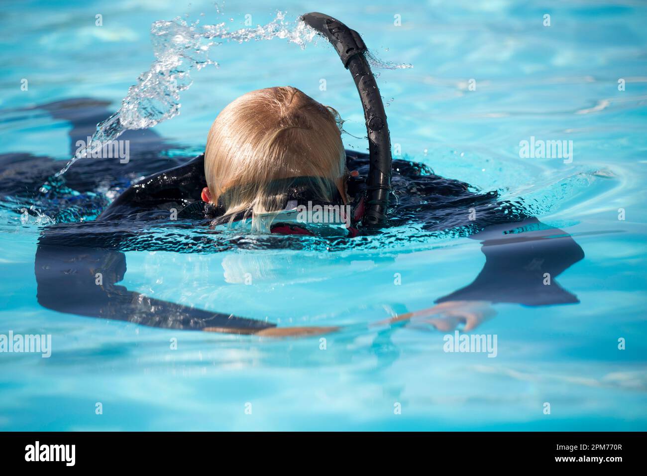 Schnorcheln, Freitauchen oder Tauchen in einem Pool, in dem der Taucher auftaucht, um zu atmen und Wasser aus seinem Schnorchel auszustoßen Stockfoto