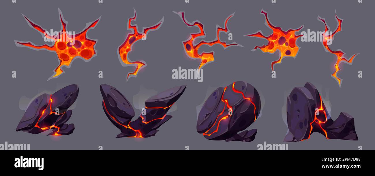 Vulkanische Bodenstruktur mit Lava in Rissen und gebrochenen Steinen. Vulkanische Felsen mit Lichteffekt in Rissen und Landoberflächenbrüche mit heißem Magma, Vektorgrafik Stock Vektor