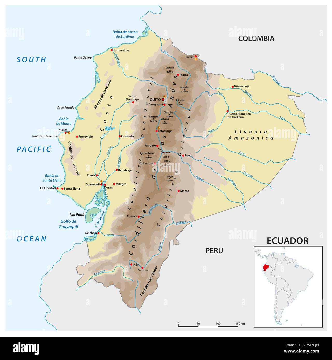 Vektorkarte des südamerikanischen Andenlandes Ecuador Stockfoto