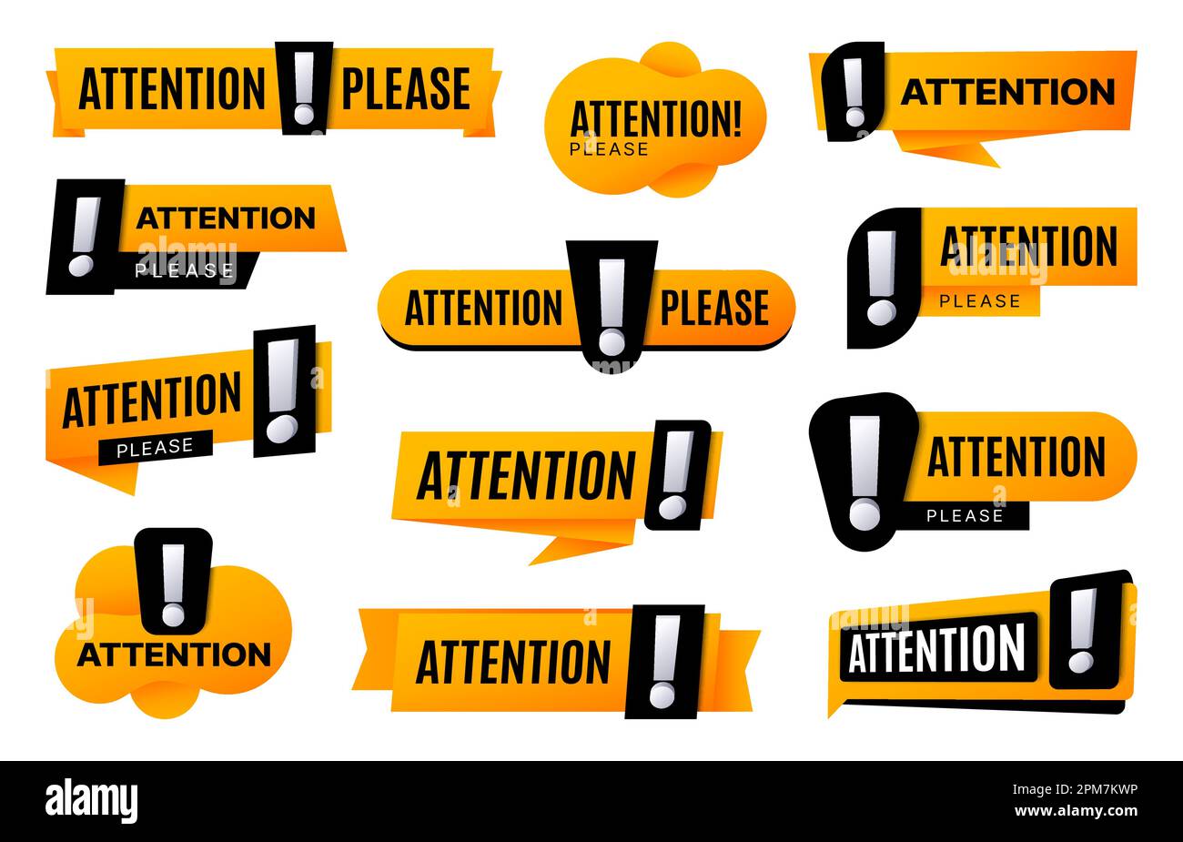 Achtung, wichtige Hinweisschilder und Abzeichen, Vektorsymbole. Achtung, bitte Banner oder Bänder mit Ausrufezeichen Stock Vektor