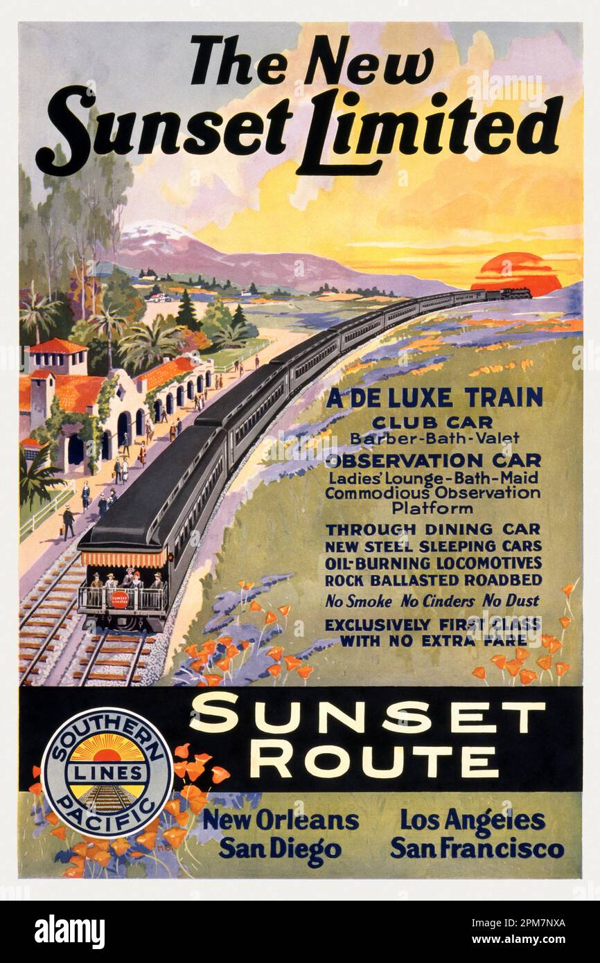 The New Sunset Limited. Route bei Sonnenuntergang. Südpazifische Linien. Künstler unbekannt. Poster wurde 1924 in den USA veröffentlicht. Stockfoto