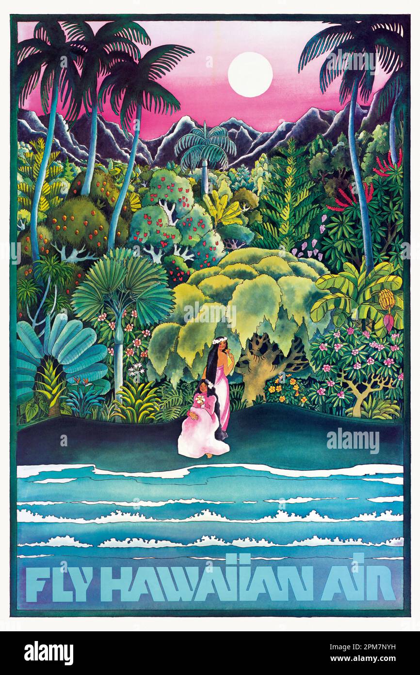 Fliegen Sie Hawaiian Air mit Freya Tanz (Datum unbekannt). Poster in den 1950er Jahren in den USA veröffentlicht. Stockfoto