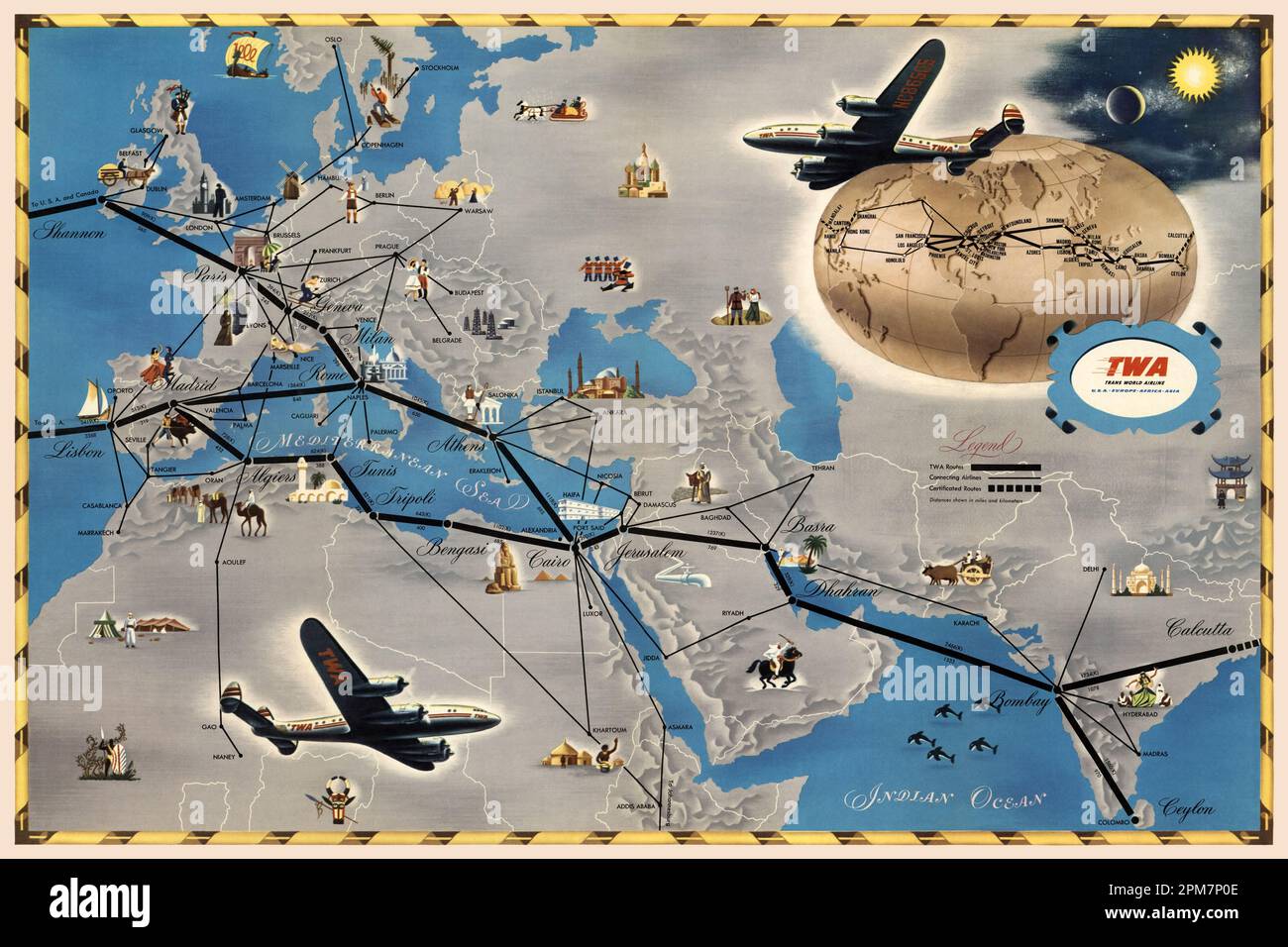 TWA Trans World Airline. USA Flugstrecken Europa Afrika Asien. Künstler unbekannt. Poster wurde 1948 in den USA veröffentlicht. Stockfoto