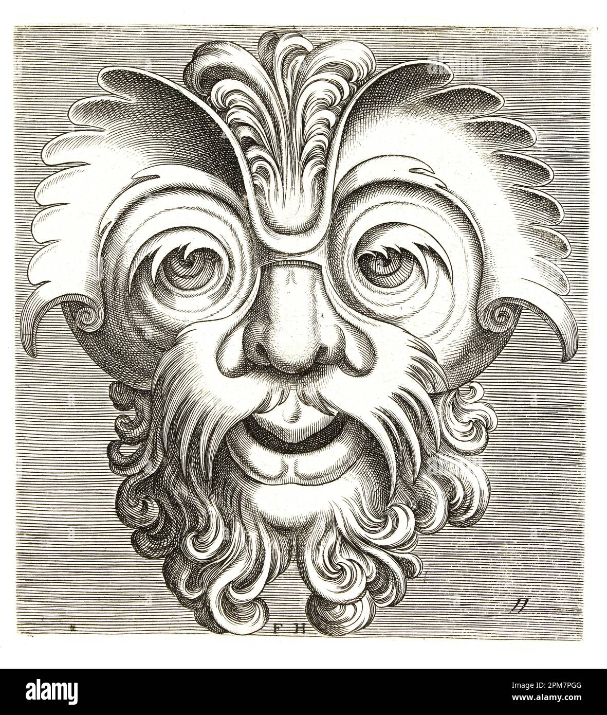 Frans Huys (Graviererin) nach Cornelis Floris II - Maske mit Schnurrbart und Bart mit Locken. Spiralaugen - 1555 Stockfoto