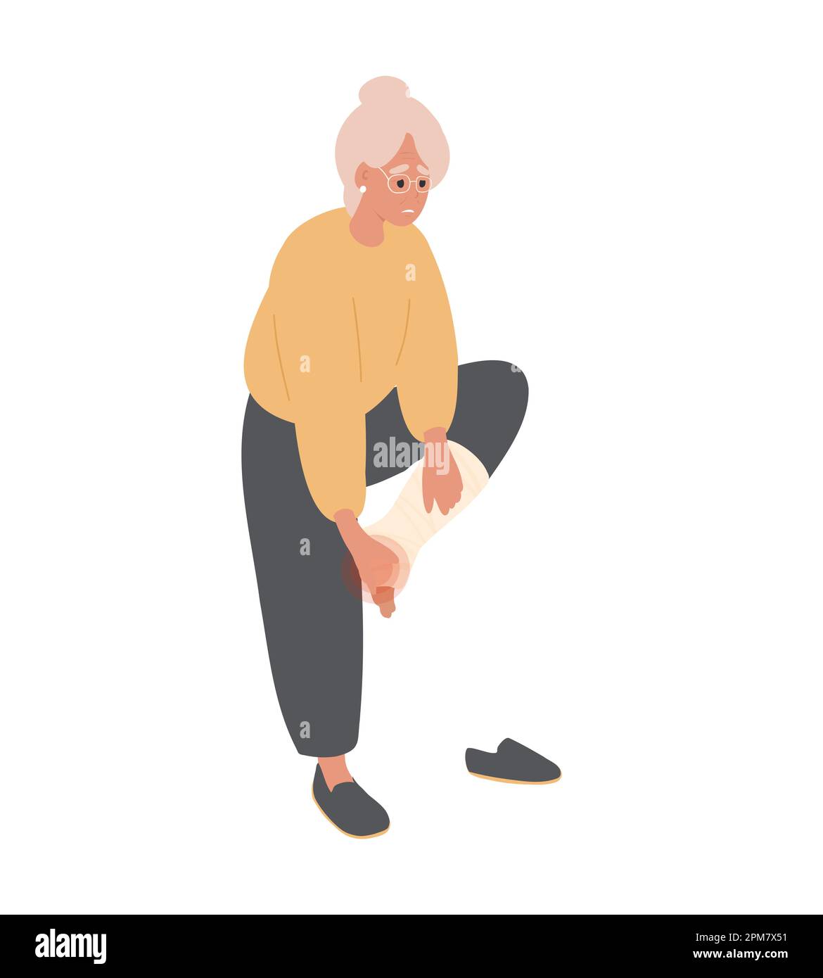 Alte Frau mit gebrochenem Fuß, Bein im Gips Stock Vektor