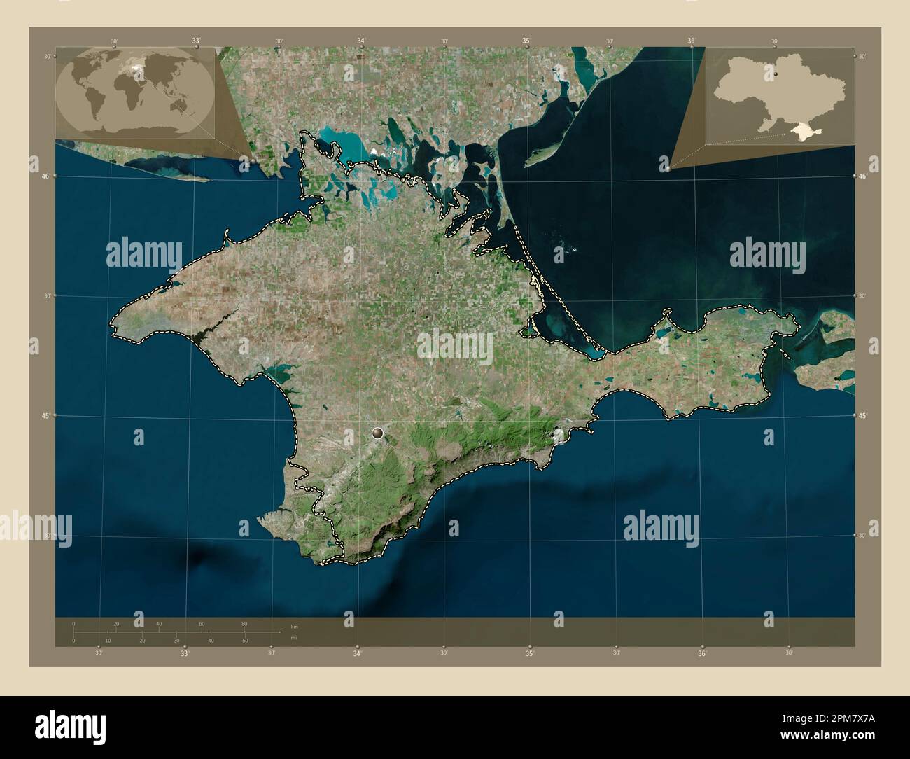Krim, autonome republik Ukraine. Hochauflösende Satellitenkarte. Eckkarten für zusätzliche Standorte Stockfoto